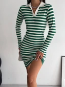 Yakalı Çizgili Uzun Kol Elbise -Yeşil thumbnail 1