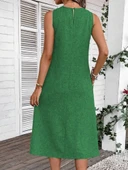 Kadın Kolsuz Bisiklet Yaka Cepli Midi Keten Elbise thumbnail 4