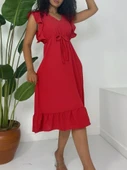Omuzu Fırfırlı Beli Lastikli Sıfır Kol Midi Boy Ayrobin Elbise  -Kırmızı thumbnail 2