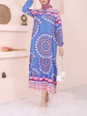 Parçalı Deseli Bağcıklı Kolu Lastikli Elbise  -Mavi thumbnail 3
