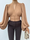 Düğmeli Arkası Lastikli Balon Kol Sandy Crop     -Vizon thumbnail 1