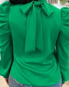 Kadın Uzun Kollu Balıkçı Yaka Arkadan Bağlamalı Omuzlardan Balon Ithal Krep Bluz thumbnail 3