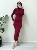 Yanı Büzgülü Uzun Skuba Elbise -Bordo thumbnail 3