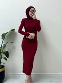 Yanı Büzgülü Uzun Skuba Elbise -Bordo thumbnail 5
