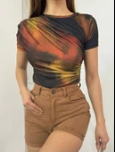 Bel Omuz Büzgülü Batik Baskı Sendy Bluz  -Kiremit thumbnail 1