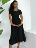 Kare Yaka Beli Lastikli Kısa Kol Ayrobin Elbise -Siyah thumbnail 1