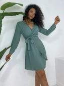 Kruvaze Yaka Bağlamalı Fırfırlı Ayrobin Elbise      -Mint thumbnail 2