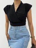 Sıfır Kol Vatkalı Kruvaze Model Sandy Bluz -Siyah thumbnail 2