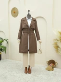 İç Astarlı Düğmeli Kemerli Trençkot  -Kahve thumbnail 2