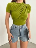 Çapraz Büzgülü Kısa Kol Sandy Bluz -Yağ Yeşili thumbnail 2