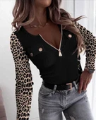 Kadın Uzun Kollu Leopar Desenli Fermuarlı önden Cep Ve Düğme Detaylı Kaşkorse Bluz thumbnail 1