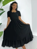 Kare Yaka Beli Lastikli Kısa Kol Ayrobin Elbise -Siyah thumbnail 2