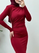 Yanı Büzgülü Uzun Skuba Elbise -Bordo thumbnail 8
