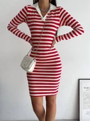 Yakalı Çizgili Uzun Kol Elbise -Kırmızı thumbnail 2
