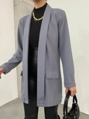 Yakası Ve Kolu Katlamalı Cep Detaylı Krep  Ceket -Gri thumbnail 1