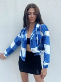 Kapşonlu Ekose Polar Crop Ceket -Mavi thumbnail 3
