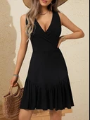 Kadın Askılı Kruvaze Yakalı Fırfırlı Janjan Krep Elbise thumbnail 4