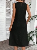 Kadın Kolsuz Bisiklet Yaka Cepli Midi Keten Elbise thumbnail 3