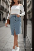 Kadın Elastik Bel Yırtık Kenar Detaylı Kot Etek thumbnail 2