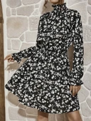 Kadın Uzun Kollu Balıkçı Yaka çiçek Baskılı Helen Kumaş Elbise thumbnail 6