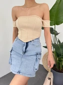 Sırt Fermuarlı Omuz Detaylı Korse Crop  -Bej thumbnail 2