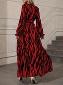 Kadın Uzun Kollu Kruvaze Yakalı Kuşaklı Zebra Desenli Süprem Maxi Elbise thumbnail 5