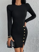 Kadın Siyah Uzun Kollu Bisiklet Yaka Yan Yırtmaç Düğme Detay Kısa Kaşkorse Elbise thumbnail 5