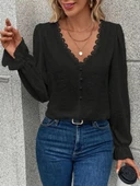 Kadın Uzun Kollu V Yakalı önden Düğmeli Bluz thumbnail 1