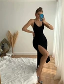 Kadın Kolsuz V Yaka Boyundan Ve Sırttan Bağlamalı Yırtmaçlı Janjan Krep Midi Elbise thumbnail 2