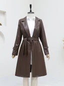 Kemerli Yan Cepli Deri Trenckot -Kahve thumbnail 2