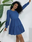 Yuvarlak Yaka Beli Lastikli Eteği Katlı Ayrobin Elbise -İndigo thumbnail 2
