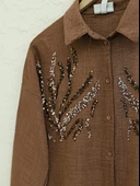 Önü Pul Payetli Uzun Gömlek    -Kahve thumbnail 2