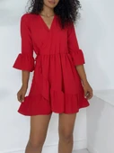 Eteği Ve Kolları Fırfırlı Beli Lastikli Ayrobin Elbise  -Kırmızı thumbnail 2
