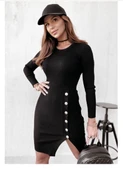 Kadın Siyah Uzun Kollu Bisiklet Yaka Yan Yırtmaç Düğme Detay Kısa Kaşkorse Elbise thumbnail 3