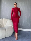 Yanı Büzgülü Uzun Skuba Elbise -Bordo thumbnail 1