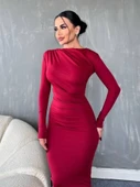 Yanı Büzgülü Uzun Skuba Elbise -Bordo thumbnail 2