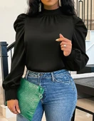 Kadın Uzun Kollu Balıkçı Yaka Arkadan Bağlamalı Omuzlardan Balon Ithal Krep Bluz thumbnail 1