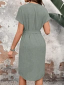 Kadın Kısa Kollu V Hakim Yaka Belden Kuşaklı Valencia Elbise thumbnail 4