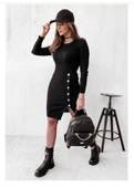 Kadın Siyah Uzun Kollu Bisiklet Yaka Yan Yırtmaç Düğme Detay Kısa Kaşkorse Elbise thumbnail 1
