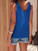 V Yaka Sıfır Kol Saten Bluz -Saks thumbnail 3