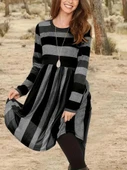 Kadın Uzun Kollu Bisiklet Yaka çizgili Desen Detaylı Süprem Mini Elbise thumbnail 2