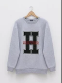 Önü Nakışlı Bisiklet Yaka Sweat Tunik -Gri thumbnail 1