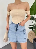 Sırt Fermuarlı Omuz Detaylı Korse Crop  -Bej thumbnail 1