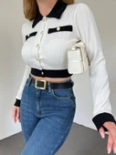 Düğmeli Cep Detaylı Crop Hırka -Beyaz thumbnail 1