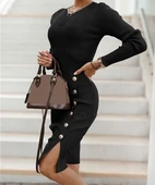 Kadın Siyah Uzun Kollu Bisiklet Yaka Yan Yırtmaç Düğme Detay Kısa Kaşkorse Elbise thumbnail 10