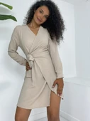 Kruvaze Yaka Bağlamalı Fırfırlı Ayrobin Elbise     -Bej thumbnail 1