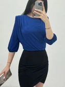 İçi Tulumlu Omuzdan Büzgülü Vatkalı Sendy Bluz -Saks thumbnail 1