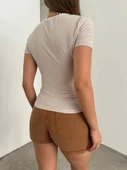 Çapraz Büzgülü Kısa Kol Sandy Bluz -Bej thumbnail 4