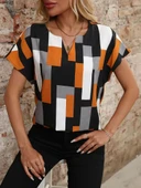 Kadın Kısa Kollu V Yakalı Yarasa Kollu Atlas Bluz thumbnail 1