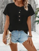 Kadın Kısa Kollu Yakası Açık önden Düğmeli Waffle Bluz thumbnail 2